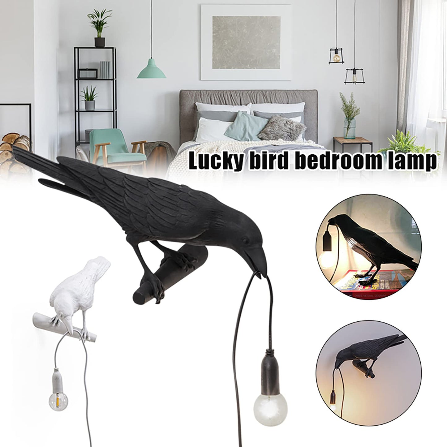 Pizga Raven Table Lamp - Lifelike Resin Crow Light, Art Deco Wall and Desk Lamp for Living Room Decoration (White Stand)