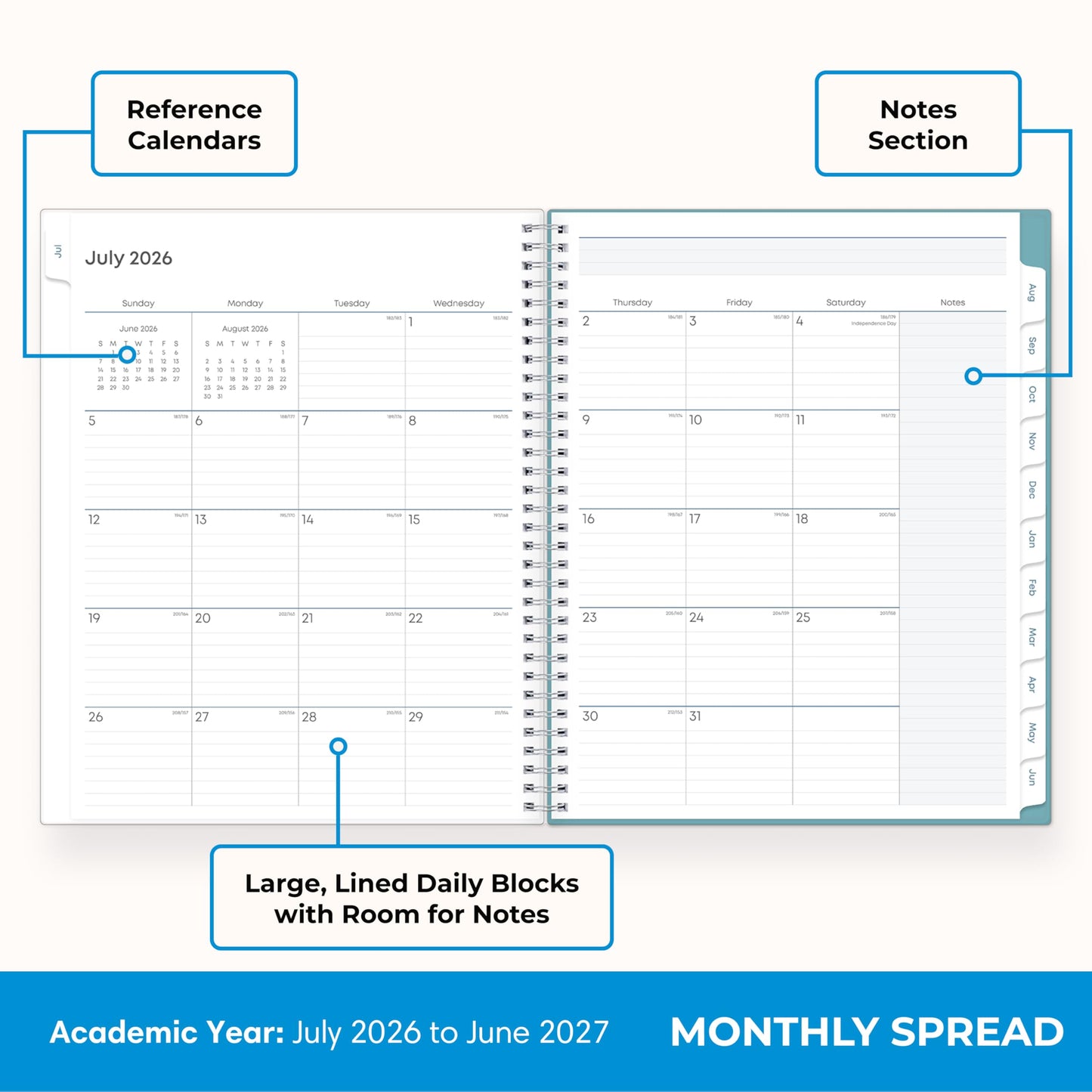 Blue Sky 2026-2027 Weekly and Monthly Academic Year Teacher Lesson Planner Calendar, July 2026 - June 2027, 8.5" x 11", Clear Pocket Cover, Wirebound, Laminated Tabs, Storage Pocket, Dots