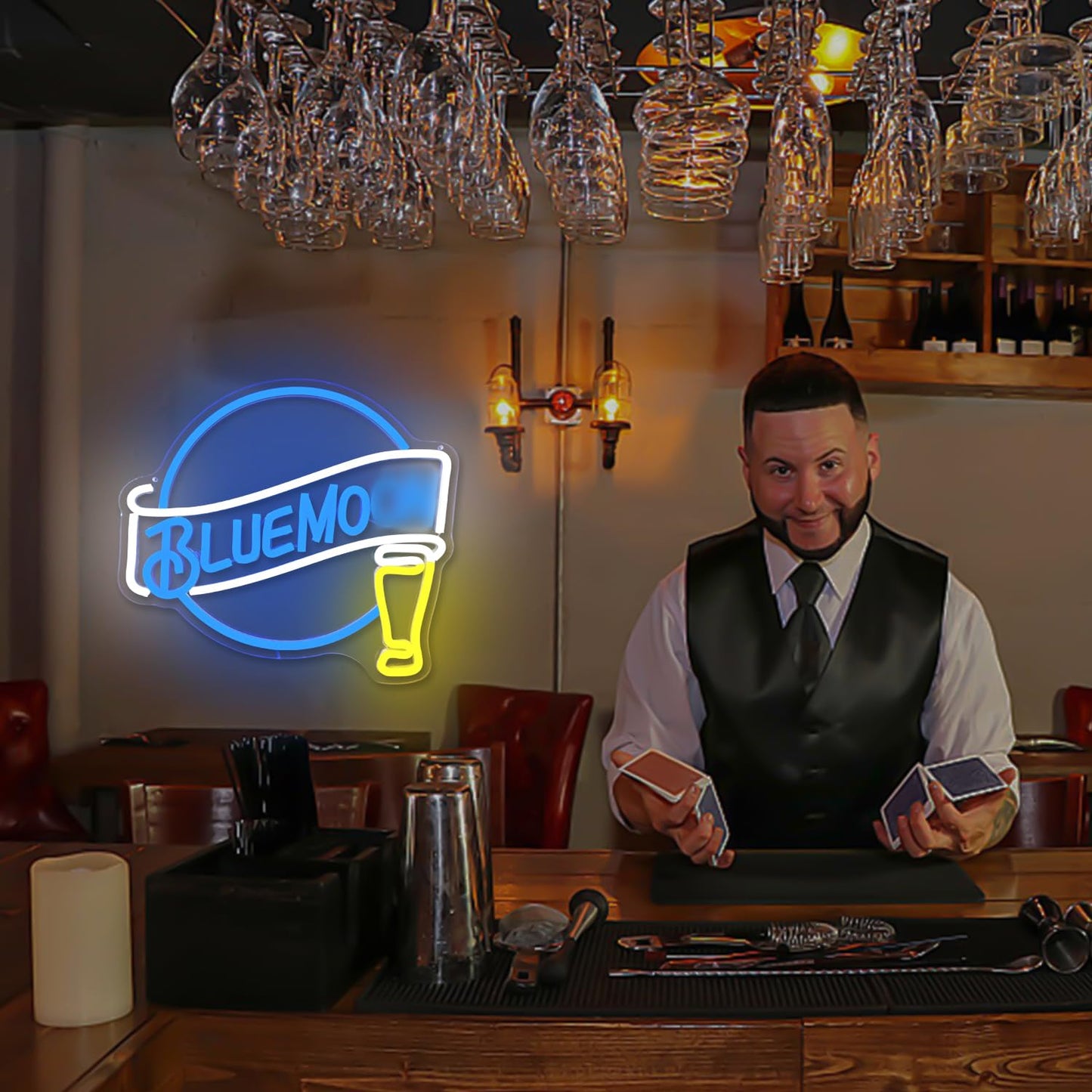 JooeTuu Moon Beer Neon Signs for Wall Decor Dimmable Blue Bar Light Sign for Man Cave Bedroom Shop Club Pub Bistro