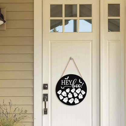 Hey Boo Sign 12x12 Inch Halloween Wreaths for Front Door Halloween Ghost Wood Door Hanger Black Boo Sign Farmhouse Holiday Decorations Wall Hanging Plaque for Trick or Treat Party Inside Outside