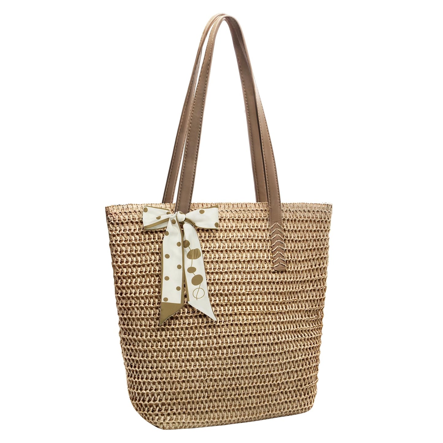 Long Keeper Straw Tote Bag for Women Summer Straw Beach Bag with Zipper Woven Shoulder Tote Bags for Beach Picnic Vacation (Khaki)