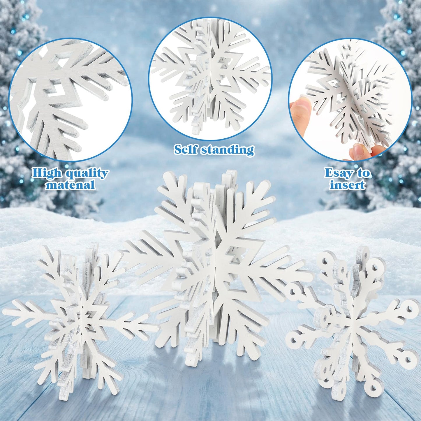 Blulu 24 Pcs Wooden Snowflake Decorations 3D White Snowflake Tabletop Signs and Centerpiece Winter Wooden Decor for Christmas Xmas Winter Decoration Home Party