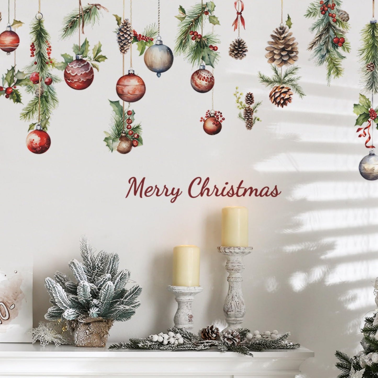 Merry Christmas Wall Decals Pine Cone Snowflake Wall Stickers Christmas Winter Home Wall Art Decor for Kids Room Classroom Office Bedroom Living Room Kitchen Playroom Decor
