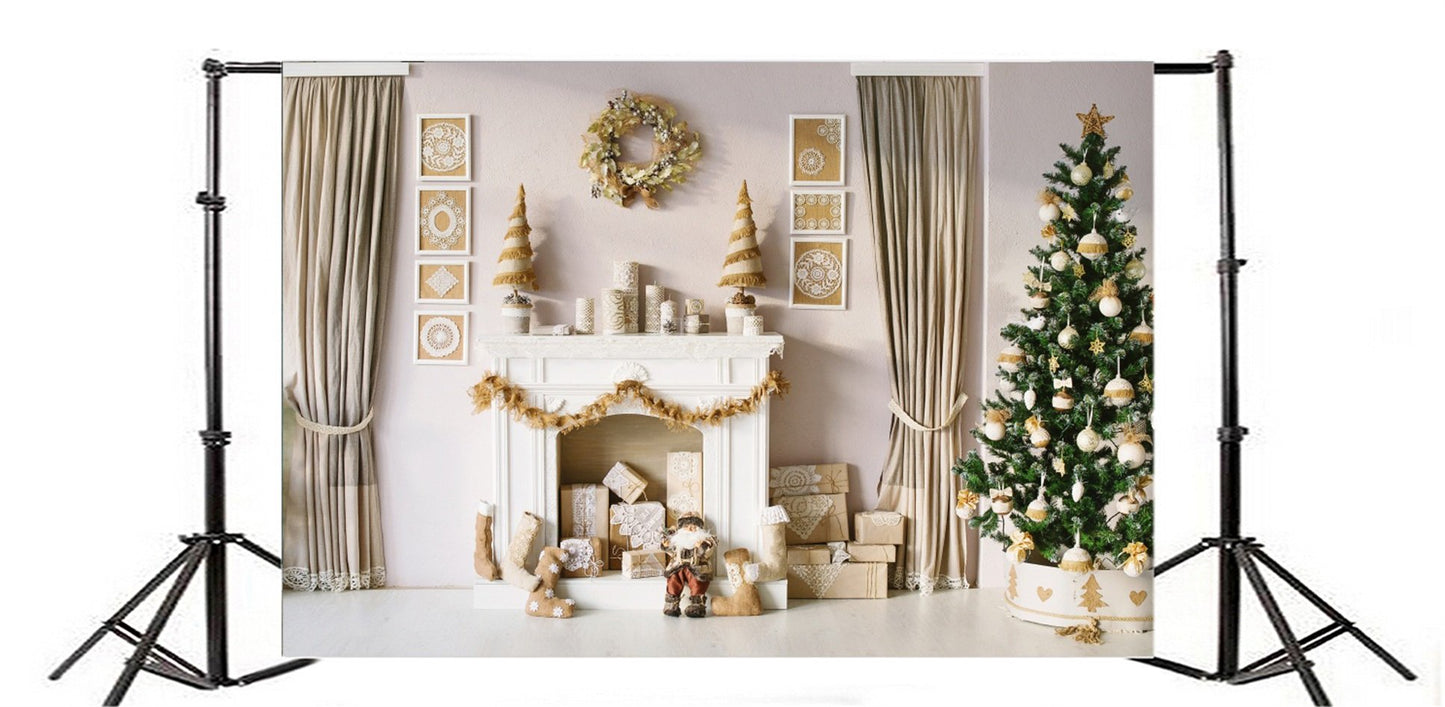 AOFOTO 10x7ft Christmas Interior Decoration Backdrop Holiday Xmas Tree Fireplace Gift Garland Wreath Photography Background Chic Snowflake Crafts Stockings Gift Box Photo Studio Props Vinyl Wallpaper