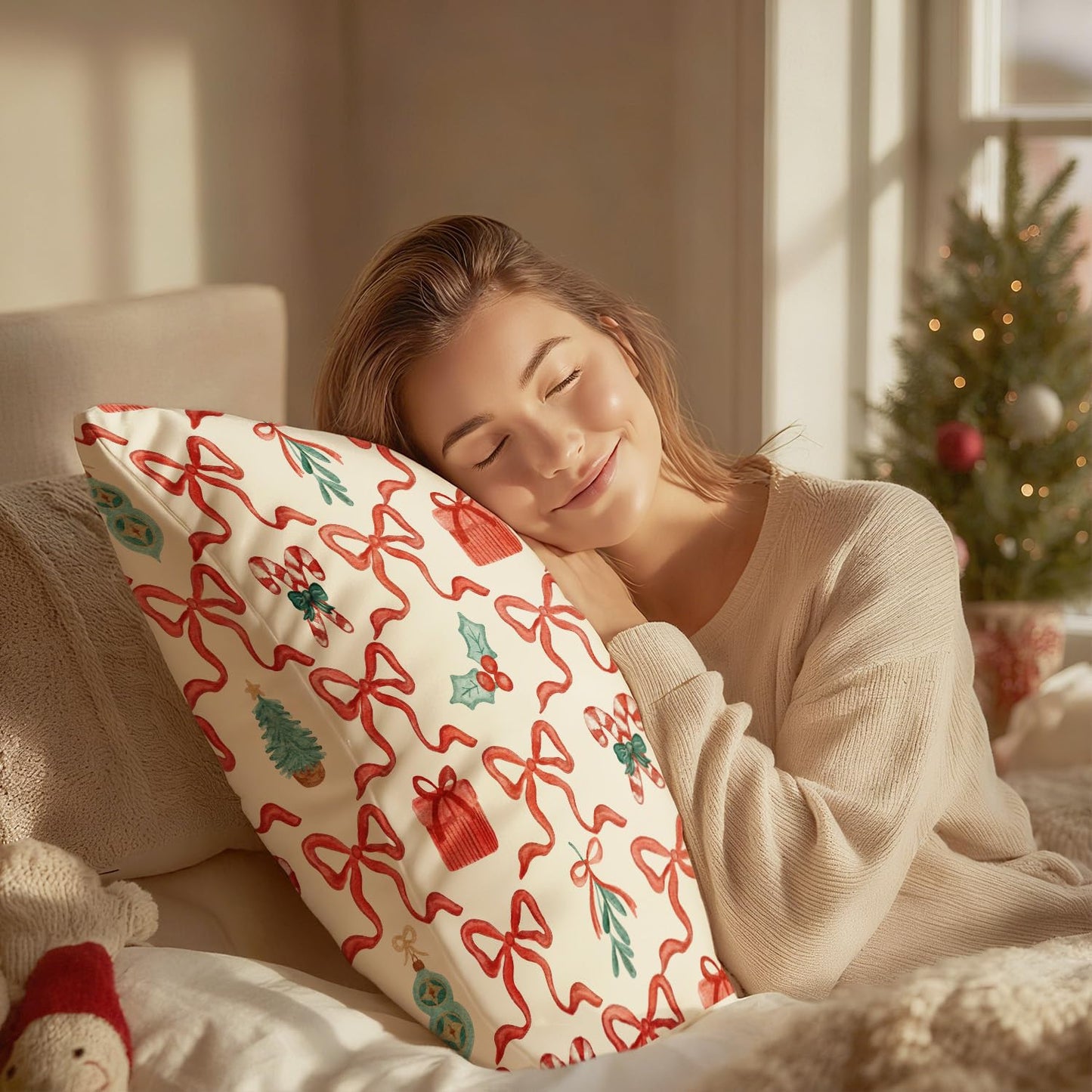 PIUD Coquette Red Bow Christmas 20x54 Body Pillow Cover, Preppy Christmas Decor, Red and Green Xmas Candy Cane Holly Berries Decorative Long Body Pillow Cases for Bed Couch