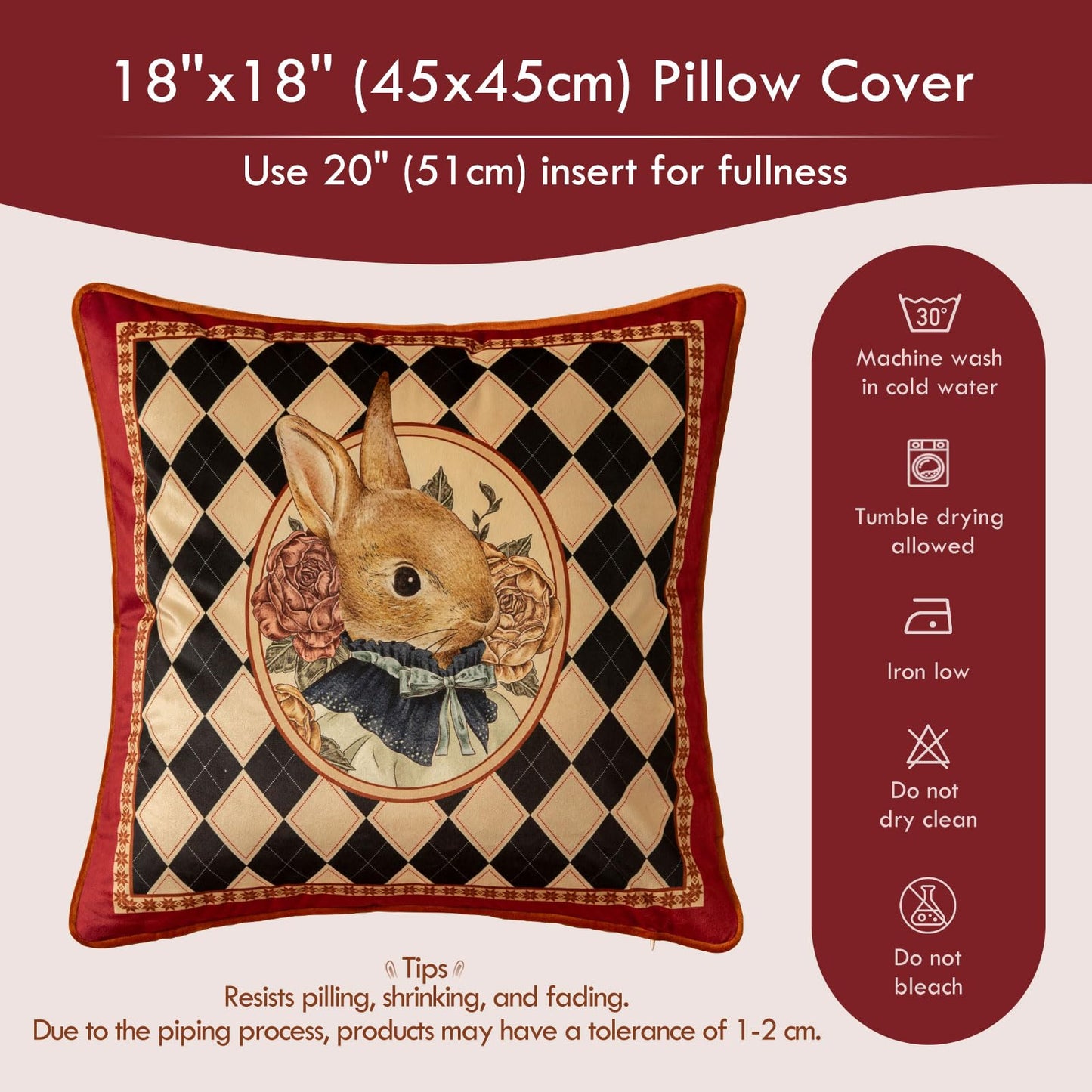 Livebee Bunny Checkered Pillow Cover Decorations, Velvet Euro Sham Covers Decorative Throw Pillow Covers 18x18 for Couch Sofa Bed Home Decor