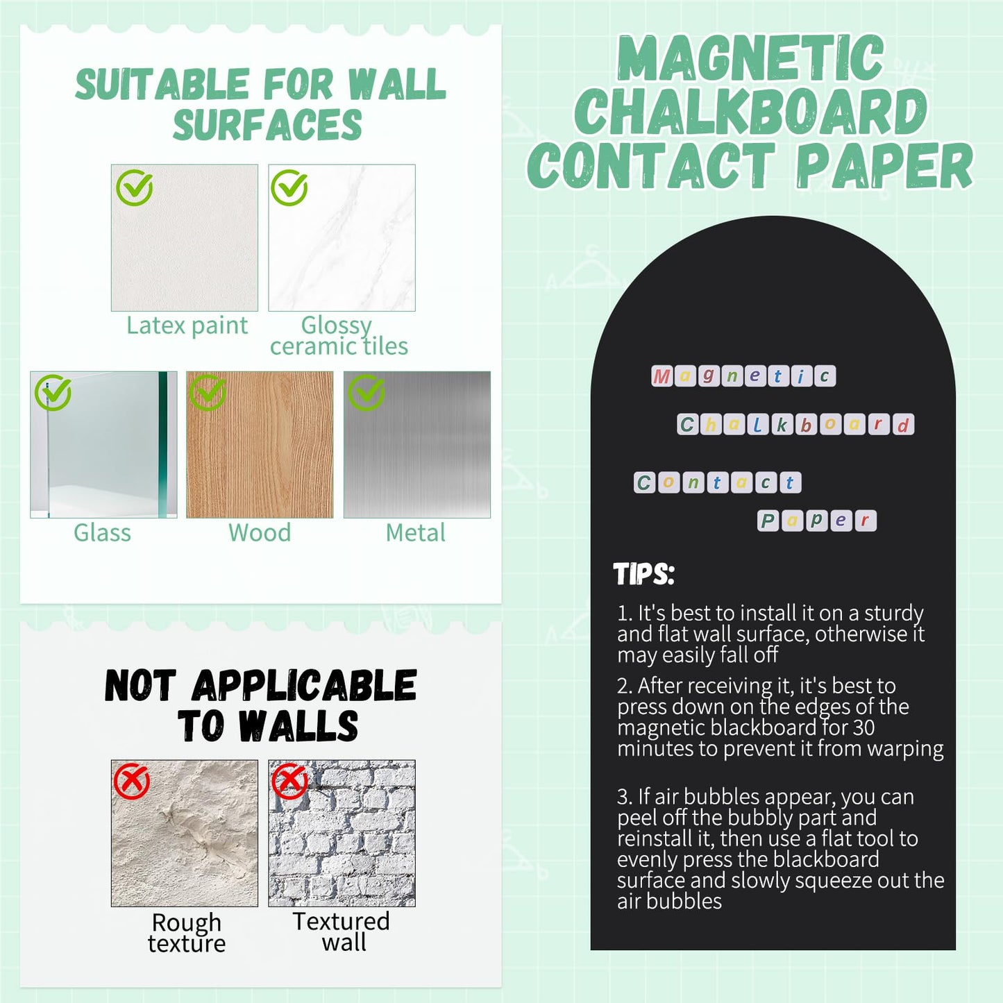 2 Rolls Magnetic Wall Decal Set - 35.4"x17.3" Magnetic Chalkboard Contact Paper with Chalk & Letter Kits, Self-Adhesive Room-Shape Decor for Home, Office & Study Organization