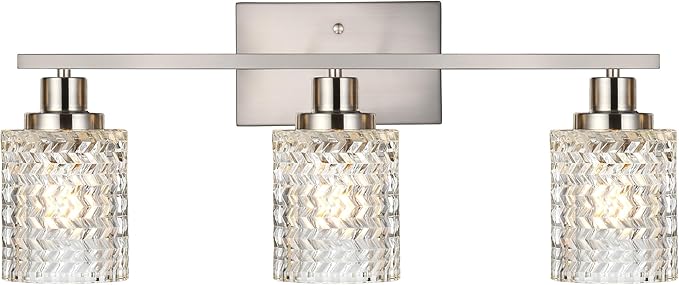 MELUCEE 3 Lights Bathroom Light Fixtures Brushed Nickel Modern Vanity Lights Indoor Wall Mounted Light with Hammered Glass Shade Suitable for Bathroom Living Room Hallway