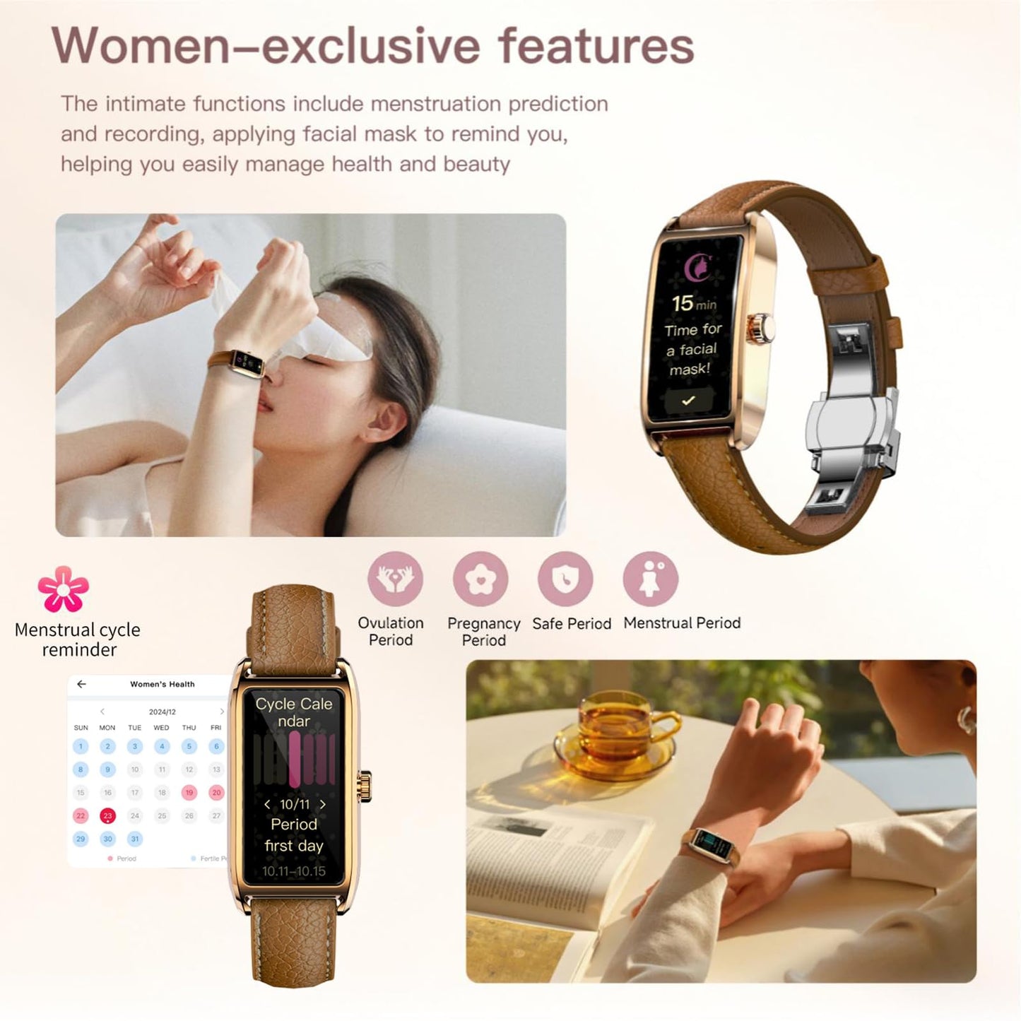Amoled Laies Smart Watch for Women Smartwatch with Leather Strap Heart Rate Stress Sleep Monitor 12 Sports Modes Fitness Tracker Watch Notifications Music & Camera Control Waterproof iOS Android