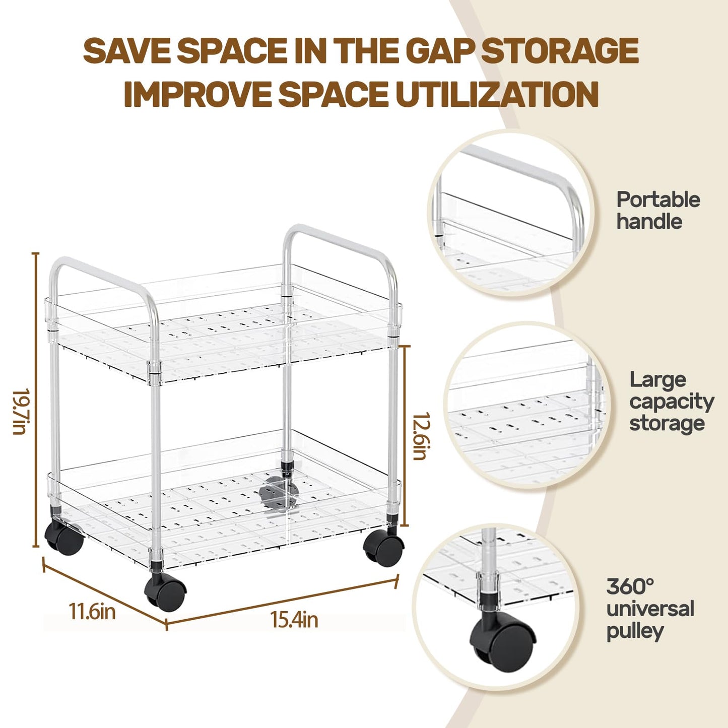 2 Tier Utility Rolling Cart with Wheels Multifunctional Storage Cart Under Desk Storage Organizer with Handle and Hooks for Home Kitchen Office Bathroom Organization Transparent