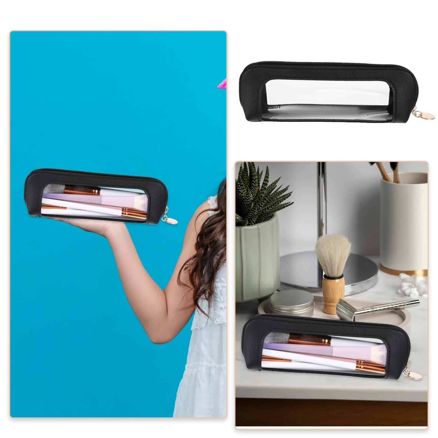 Psyqtsuary Clear Makeup Bag, PU Leather Mini Makeup Pouch Portable Makeup Brush Case Transparent Waterproof Cosmetic Organizer Pouch with Zipper for Women Home Travel Office Makeup Storage (Black)