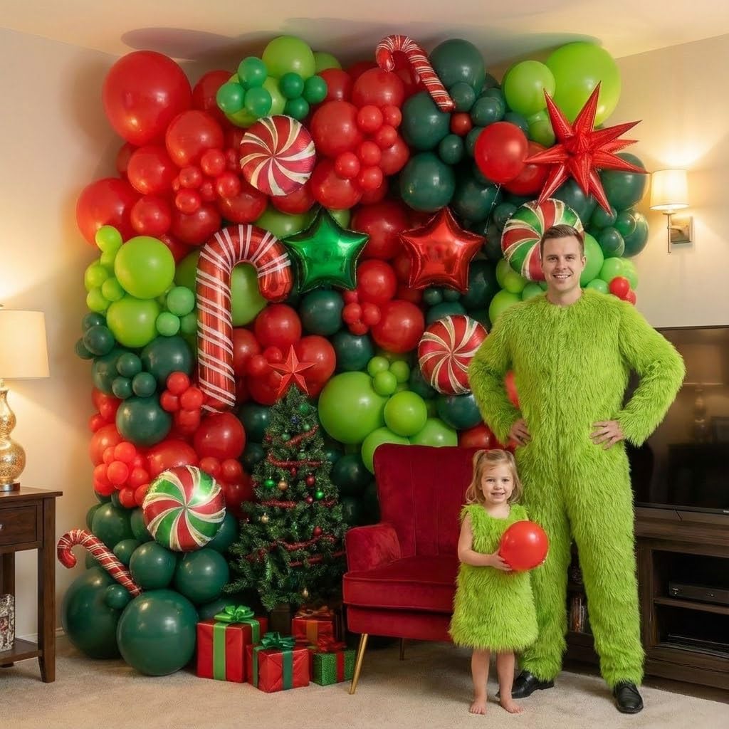 Christmas Party Decorations with Red Green Balloon garland arch Kit & small Candy cane Star Lollipop foil balloons for Kids Naughty Cartoon Birthday friendsmas Xmas Party Decorations (Red Green)