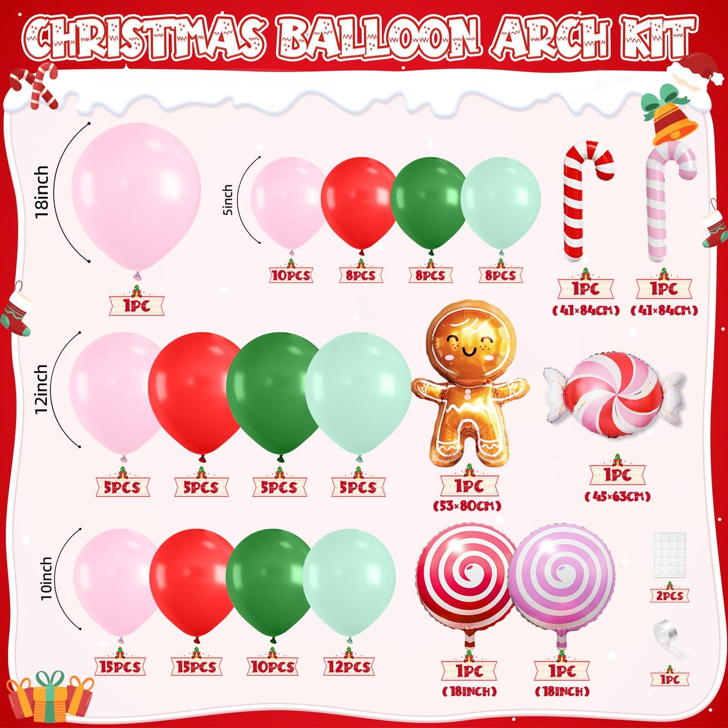 Christmas Balloon Garland Arch Kit, 115 PCS Xmas Balloon Decorations with Pink Red Green Latex Balloons Gingerbread Man Foil Balloons Candy Cane House Helium for Kids Christmas New Year Party Supplies