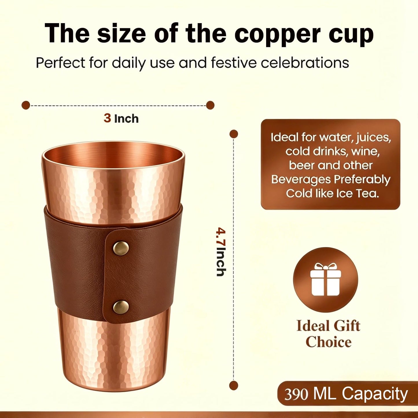 13.5 oz Copper Cups - Hammered Ayurvedic Pure Copper Drinking Cups with Heat-Resistant Leather Sleeves - Promote Detoxification and Maintain Health, Suitable for Yoga, Meditation or Camping. (3)