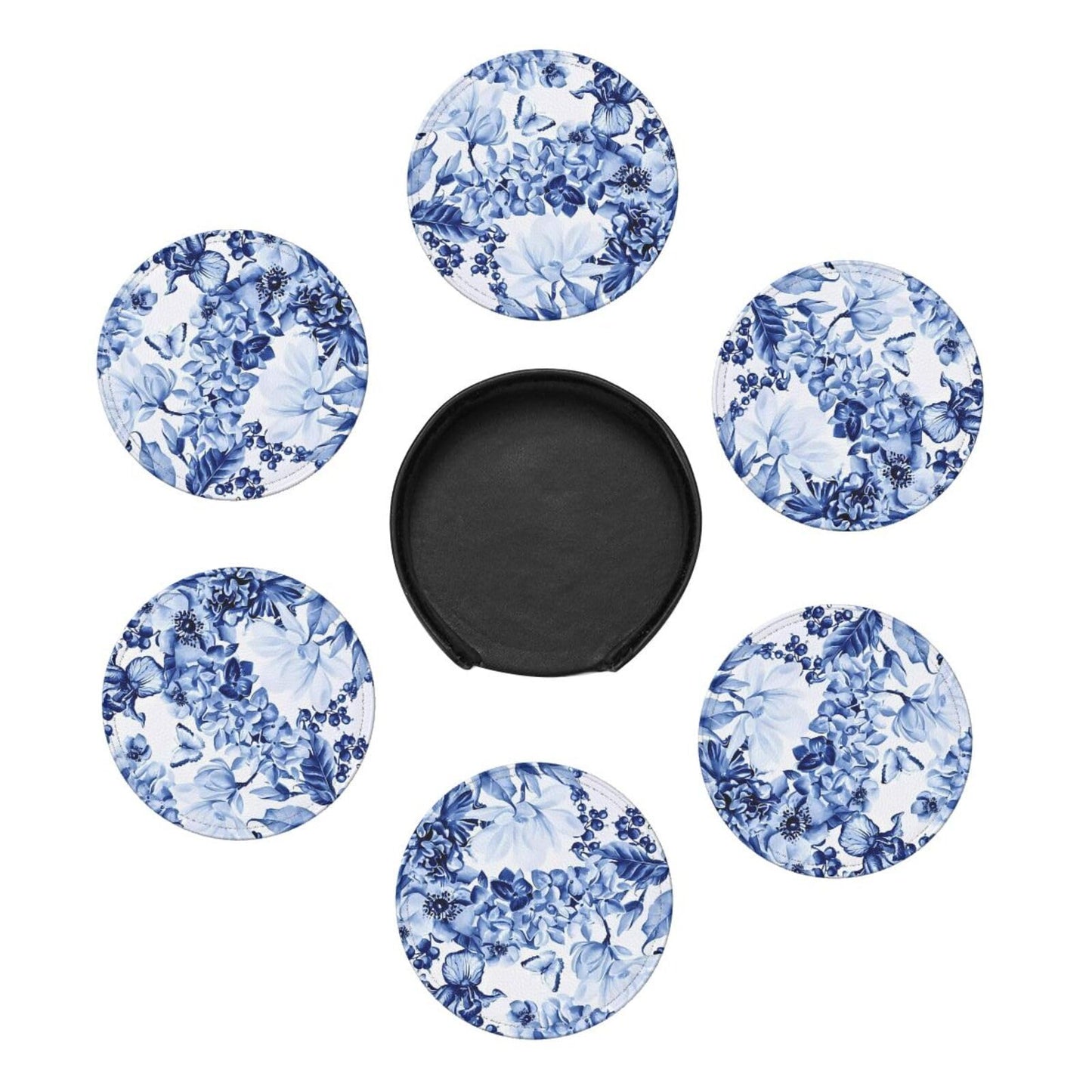 6 Pcs Blue and White Floral Leather Coasters for Drinks with Holder Coaster Sets Drink Table Cup Coasters for Living Room Kitchen Coffee Decor