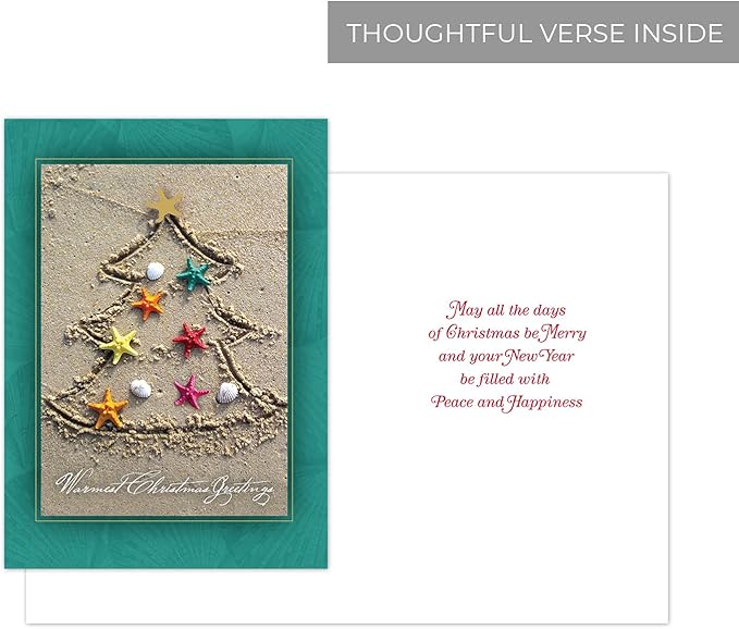 Masterpiece Sand Tree Cards / 16 Christmas Holiday Cards Set With Gold Foil And White Envelopes / 5 5/8" x 7 7/8" Winter Warm Wishes Greeting Cards With Meaningful Inside Verse