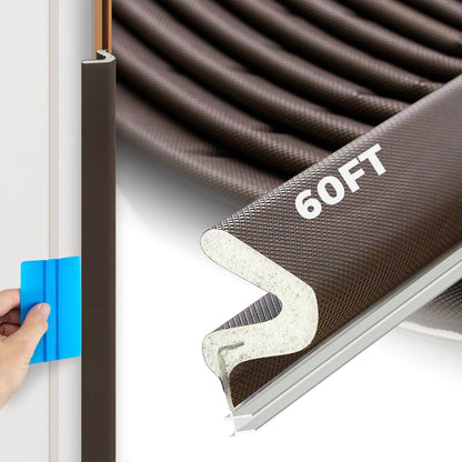 60FT Weather Stripping Door Seal, Kerf Style Foam Strip for Large Gaps, with Scraper Tool for Exterior and Interior Frames, Brown