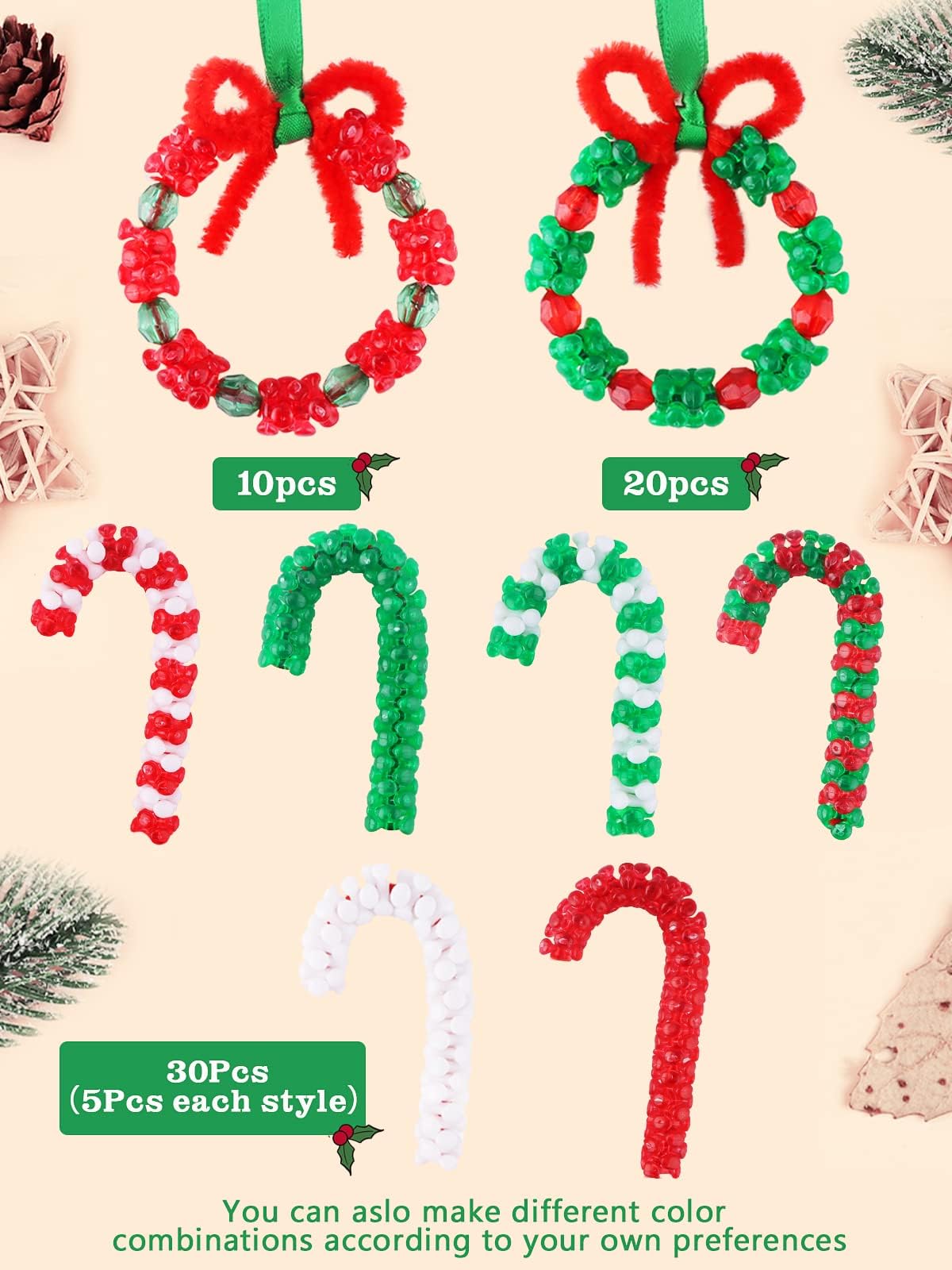 Lanstics Christmas Craft Kit - 60 Sets Beaded Ornament Kit Including Wreath, Candy Cane for Xmas Tree Decorations - Adults & Kids - Assembly Needed