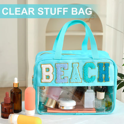 Pinkunn Large Clear Chenille Letter Bag Double Layer Makeup Patches Cosmetic Bag Zipper Pouch for Travel Waterproof Nylon Toiletry Makeup Supplies for Women Girls(Teal,Beach)