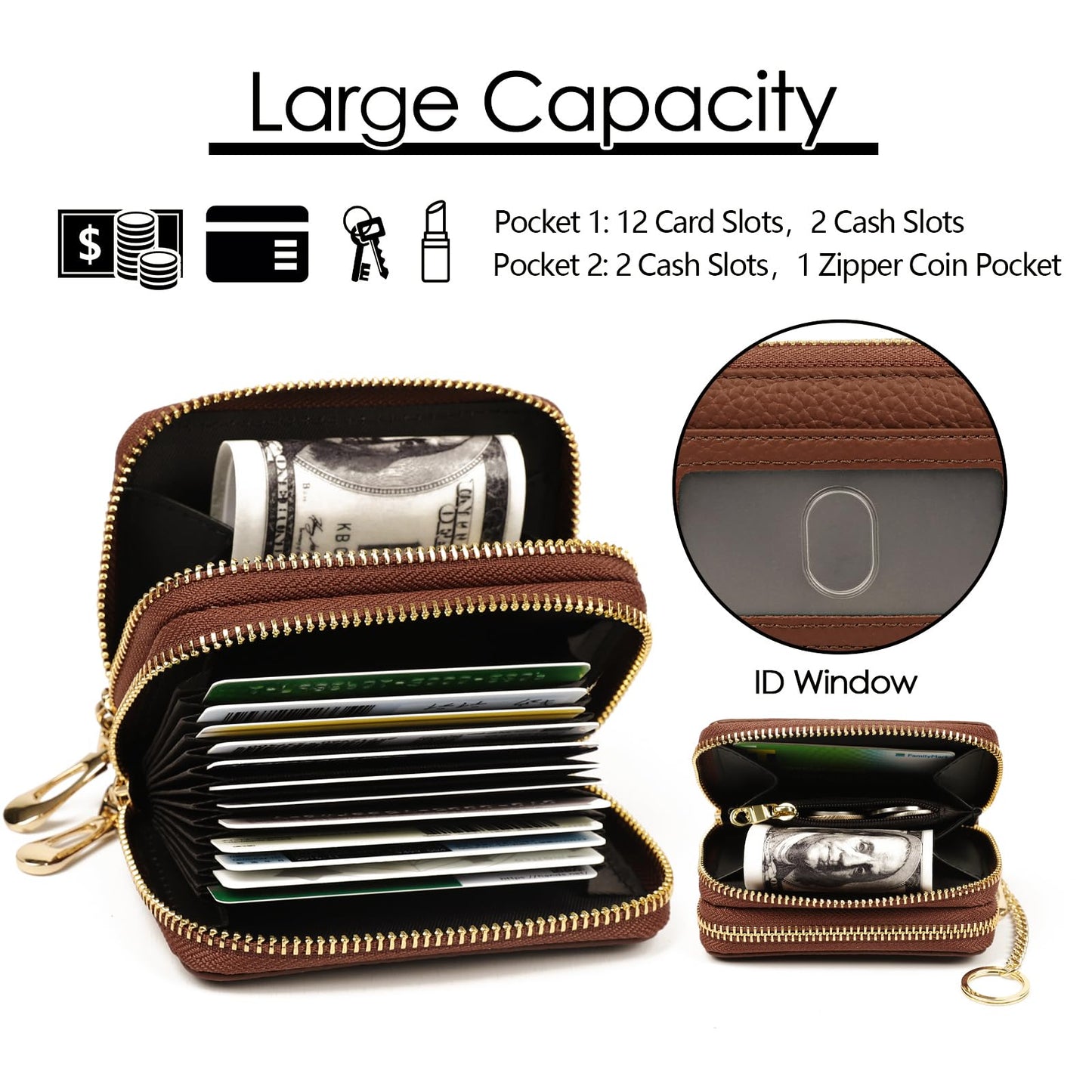 imeetu RFID Credit Card Wallet, Genuine Leather Zipper Card Case Holder with Removable Keychain(Max - Brown)