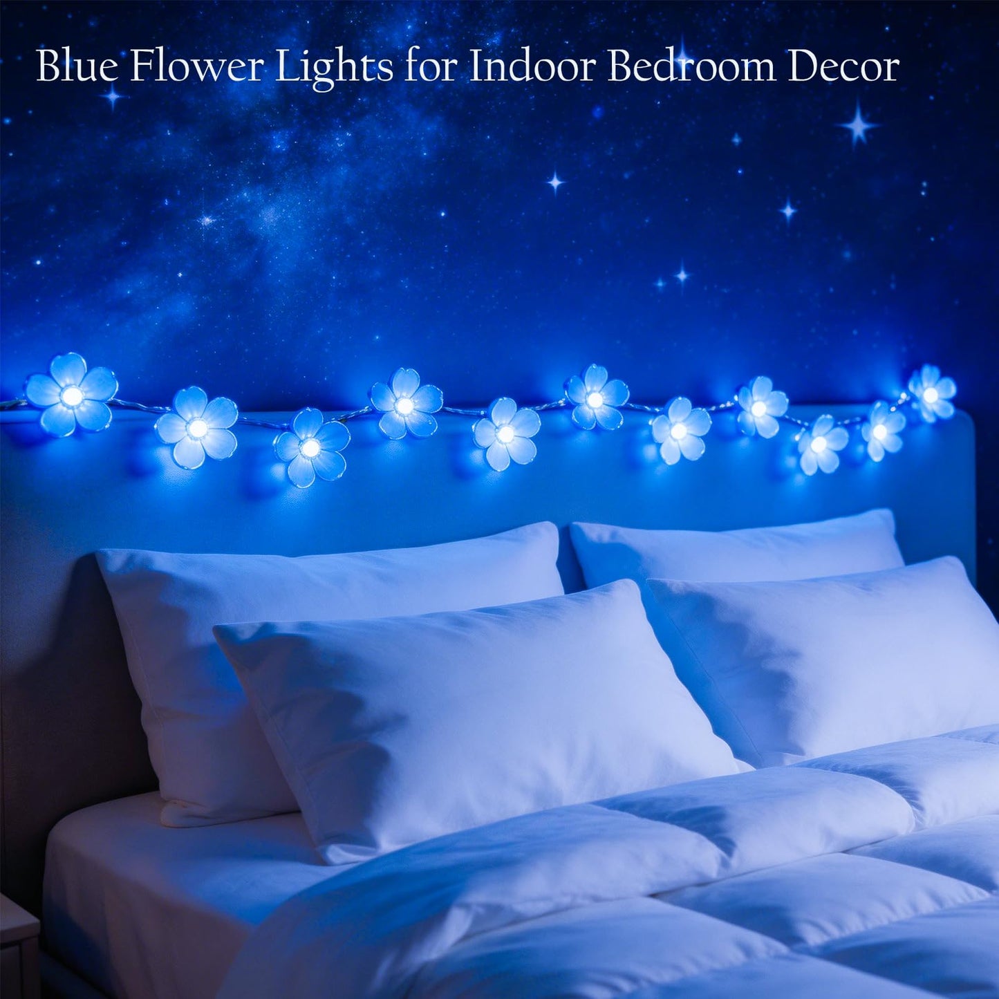 Blue Flower String Lights Indoor Outdoor Decorations, 33ft Connectable Clear Wire 100 LED Cherry Blossom Fairy Light with 8Mode & Memory for Christmas Easter Birthday Wedding Party Bedroom Décor