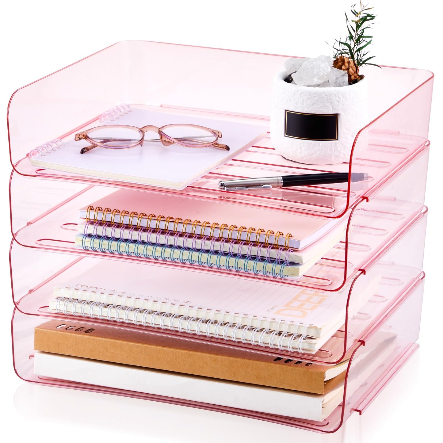 Harloon 4 Tier Acrylic Paper Tray 13 x 9.8 x 3 Inches Stackable Letter Clear Organizer No Need to Assemble Acrylic Paper Organizer File Tray for Office Workspace Desktop Storage (Transparent Pink)