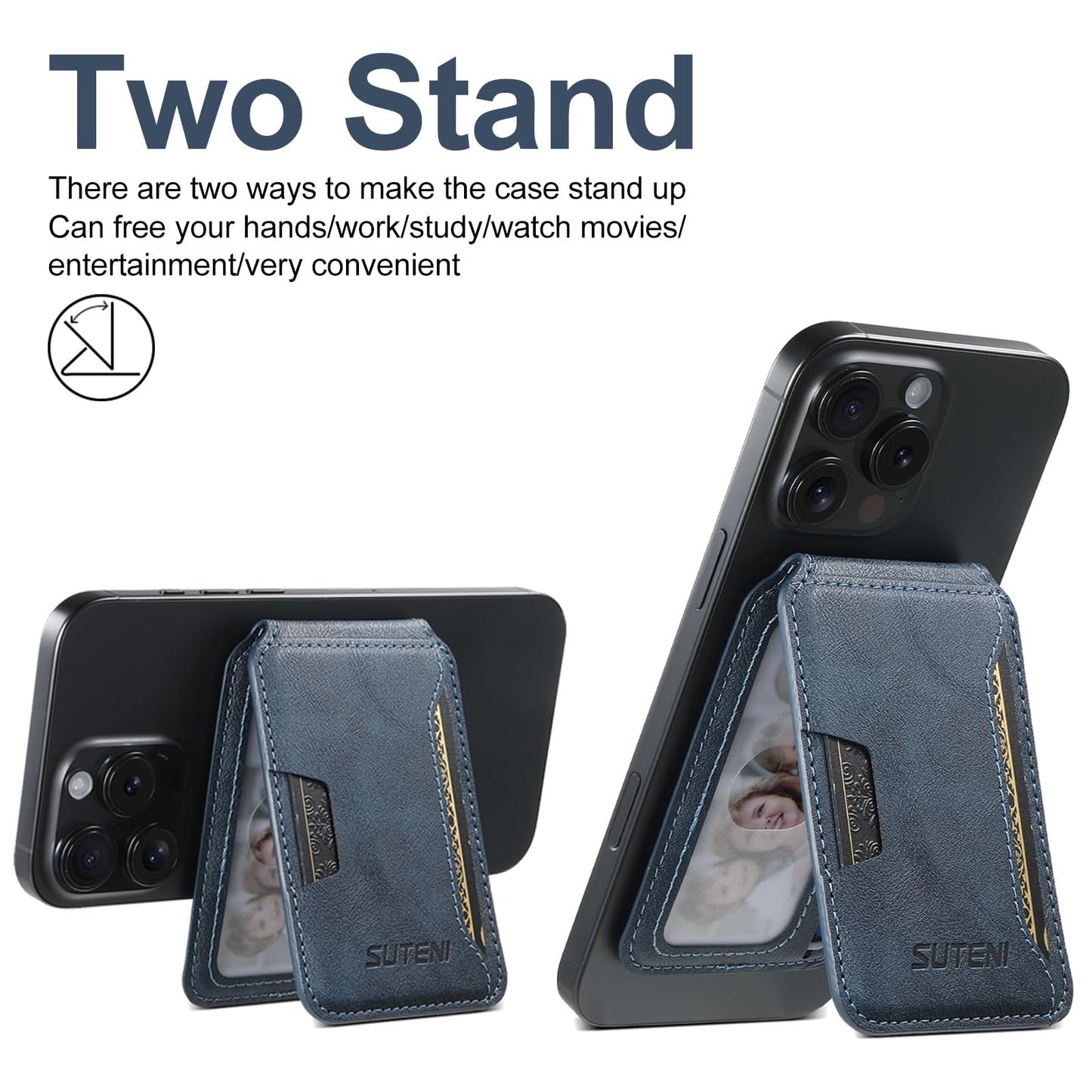 HXY Magnetic Card Holder Wallet for iPhone, Compatible with MagSafe, PU Leather Minimalist Slim Card Holders Fit 3 Cards with Adjustable Stand for iPhone 16/15/14/13/12 Series, Not for Mini (Blue)