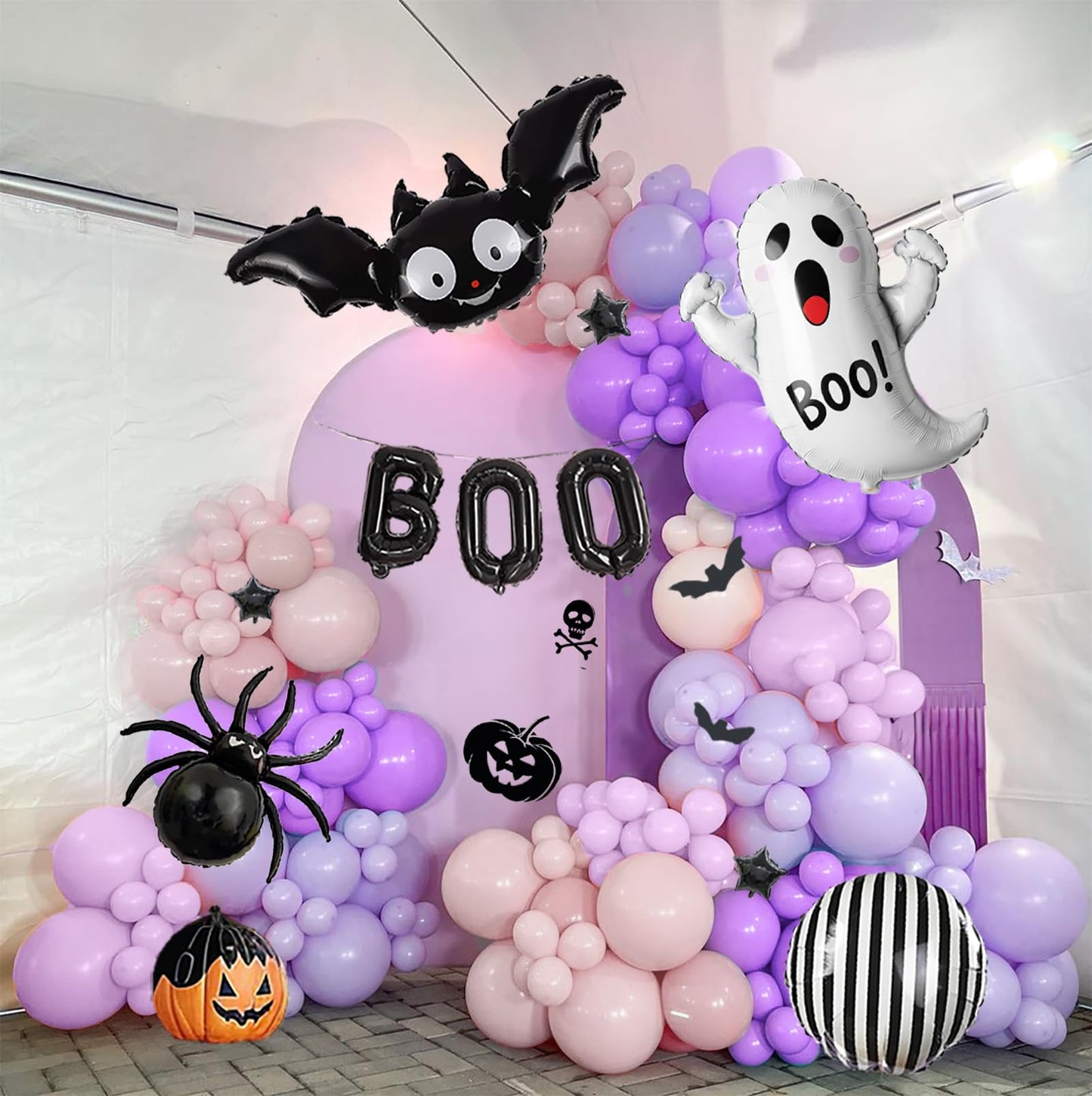 Halloween balloons Pink and Purple balloon garland arch kit 160pcs with BOO ghost spider bat mylar balloons for Halloween birthday baby shower spooky one happy boo day party decorations