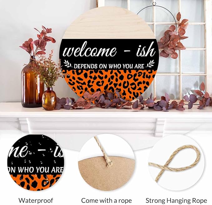 Welcome Sign for Front Door Decor Wreath Orange Leopard Print 12inch Decor Wood Hanging Door Sign for Home Outdoor Indoor