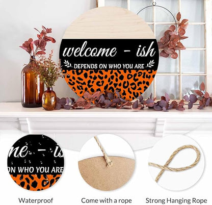 Welcome Sign for Front Door Decor Wreath Orange Leopard Print 12inch Decor Wood Hanging Door Sign for Home Outdoor Indoor