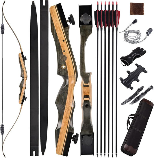 Archery Wooden Bow and Arrow Set - 62'' Right-Handed Takedown Recurve Bow for Adults | 30-50 Lbs Hunting Kit