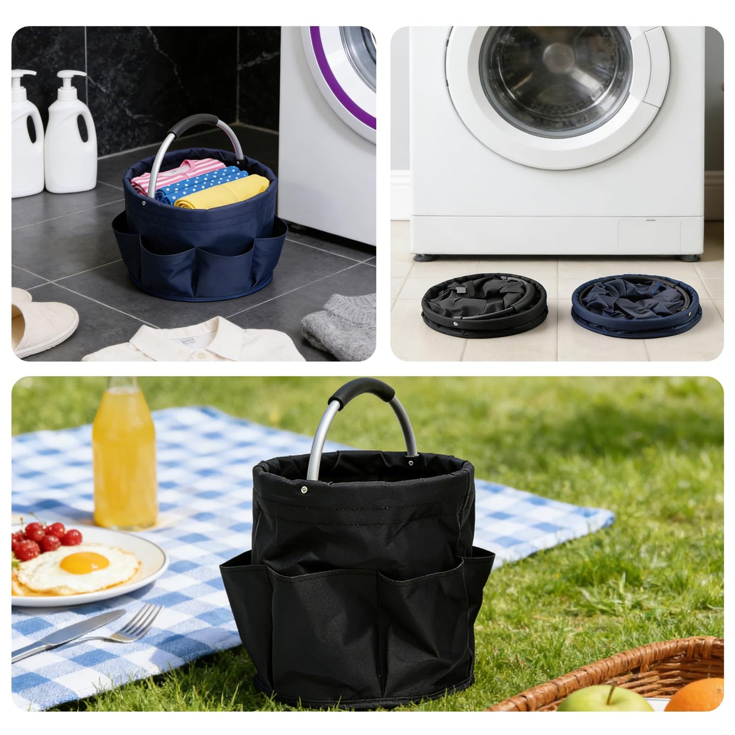 Tool Bucket Organizer 2-Pack, 17L Foldable Cleaner Caddy with 6 Pockets，Handle for Garden、Family and Bathroom, Can Also be Used as a Beach Basket or Shopping Basket，Black+Navy Blue