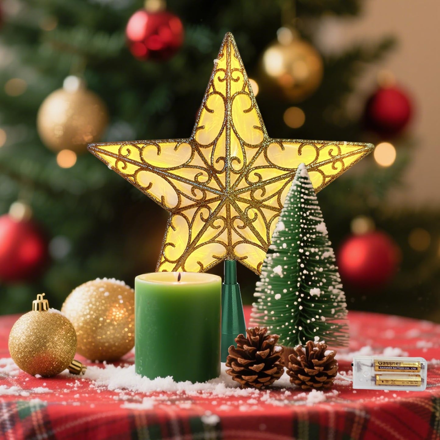 9.5” Gold 3D Dual-Side Christmas Star Tree Topper - Warm White LED Light, Festive Holiday Home Christmas Decor
