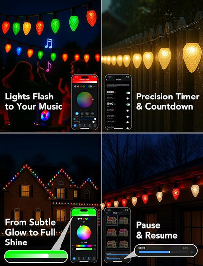 Smart C9 Christmas Lights Outdoor, 132FT 200 LEDs, RGB Color Changing String Lights with Music Sync & DIY, 108 Modes, App Controlled Waterproof Lights for Large House, Wedding, Halloween decorations