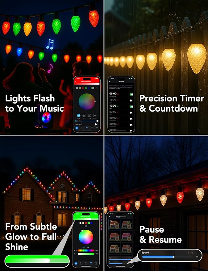 Popotan C-9 LED Christmas Lights Outdoor, 33FT 50 LEDs Smart RGB String Lights with App Remote Control, 108 Modes, Waterproof for Porch, Fence, Holiday Decoration,Halloween Lights