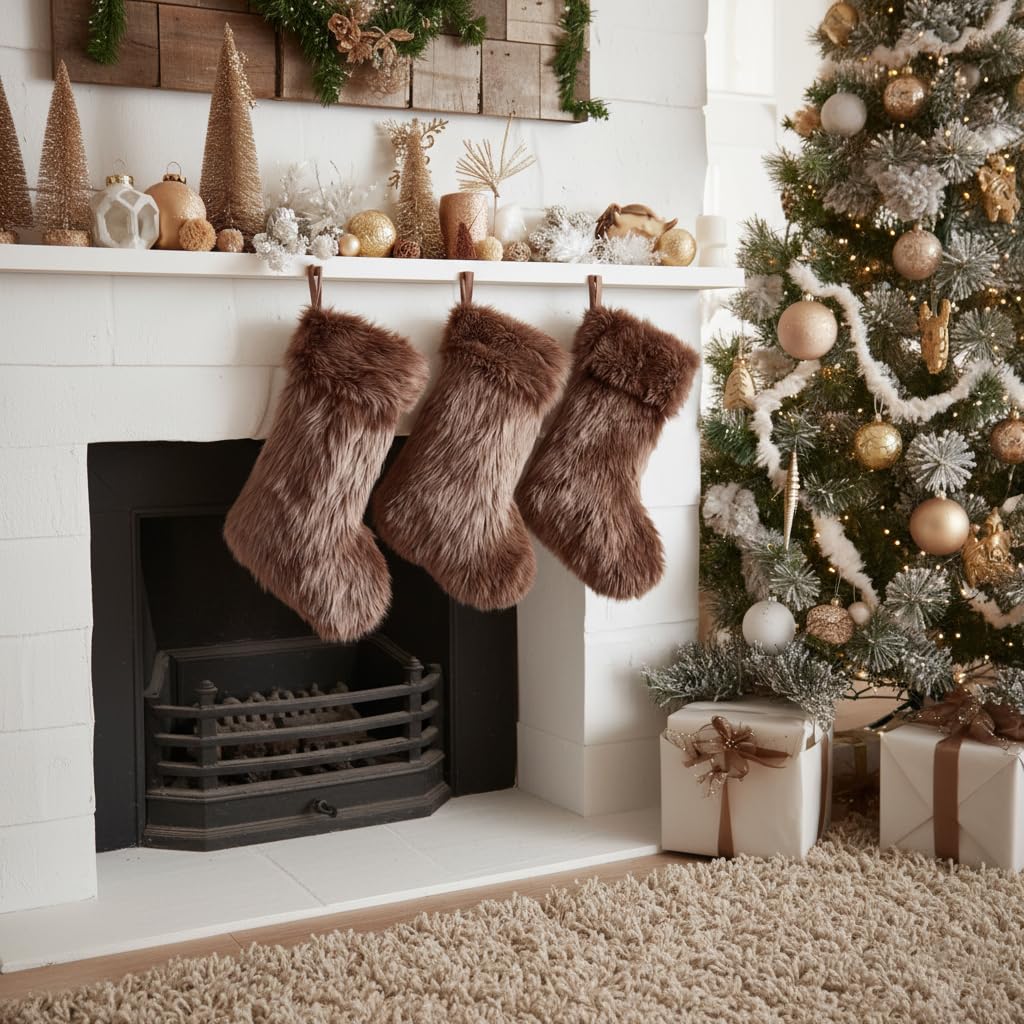 AISENO 3 Pack 18 Inch Brown Christmas Stockings Faux Fur Personalized Hanging Ornaments Candy Gift Bags for Christmas Decorations