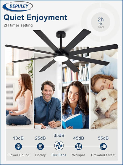 Depuley 66" Ceiling Fans with Lights: Black Indoor/Outdoor Ceiling Fan for Patios Living Room - 8 Blades Dimmable Large Ceiling Fans with Remote APP Control Timer Reversible Quiet DC Motor 6 Speeds