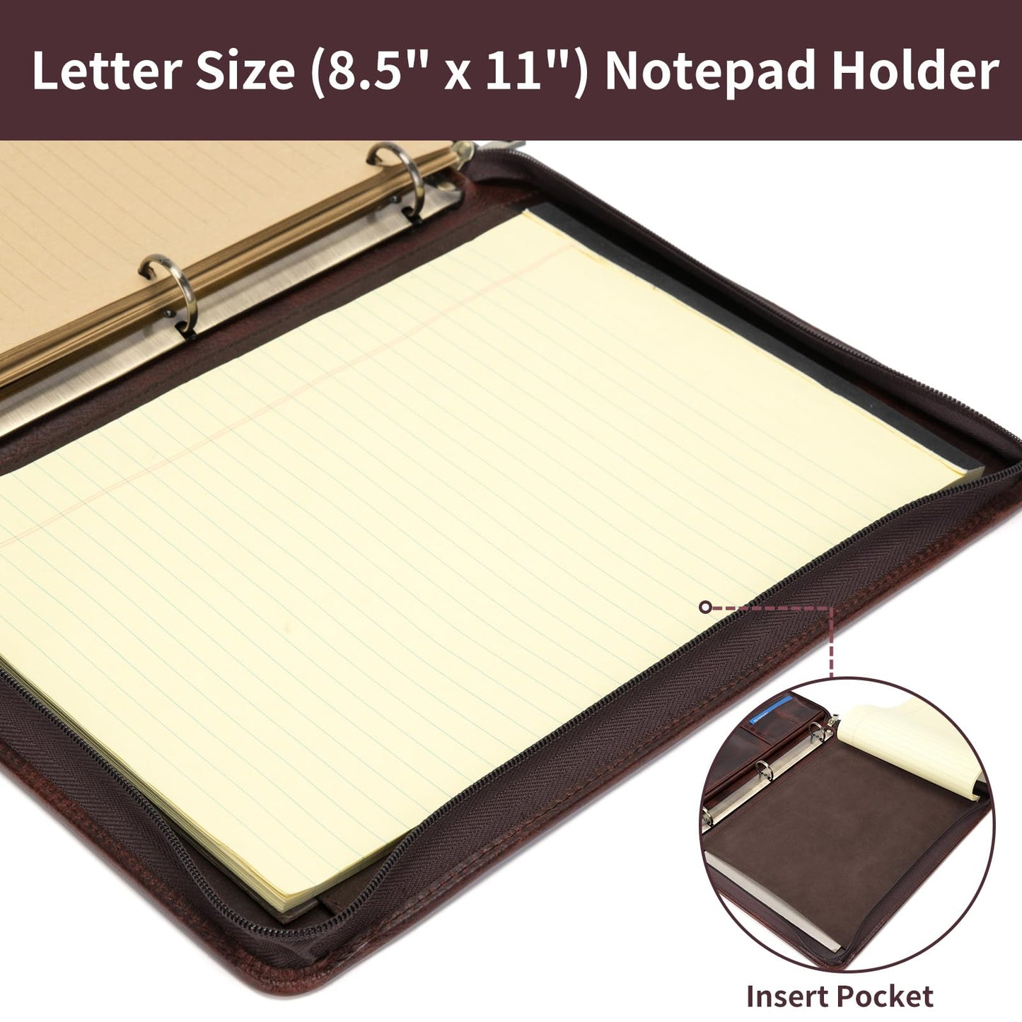 Geslun 3 Ring Binder Genuine Leather Portfolio, Front Pocket, 8.5 x 11 Legal Pad Padfolio for Men and Women, Zippered Notepad Laptop Organizer, Business Executive Work Folio, Dark Brown, Oil Tanned