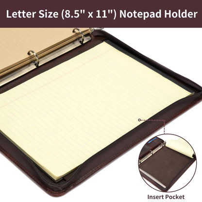 Geslun 3 Ring Binder Genuine Leather Portfolio, Front Pocket, 8.5 x 11 Legal Pad Padfolio for Men and Women, Zippered Notepad Laptop Organizer, Business Executive Work Folio, Dark Brown, Oil Tanned