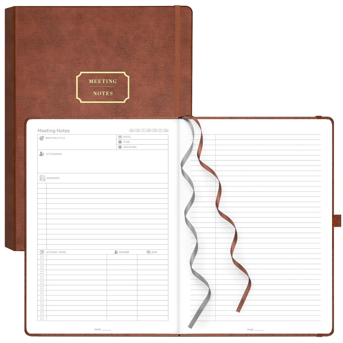 EMSHOI Meeting Notebook for Work with Sticky Tabs - 240 Pages, A4 Size Project Planner, PU Leather Meeting Agenda/Minutes Organizer for Women Men, Note Taking, Office & Business, 8.3"x11.7", Coffee