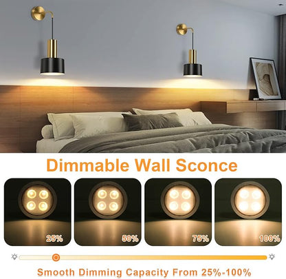 VerRon Set of 2 Battery Operated Wall Sconces, Wireless Wall Lights with Remote, Black & Gold Dimmable Wall Lamps with 3000K/4000K/6000K LED Bulbs, Modern Sconces for Bedroom Living Room Hallway