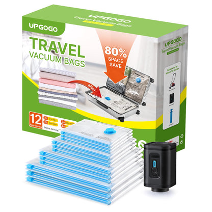 UPGOGO Combo 12 Pack Travel Vacuum Bags with Portable Electric Pump, Space Saver Vacuum Storage Bags for Clothing and Luggage, Travel Essentials