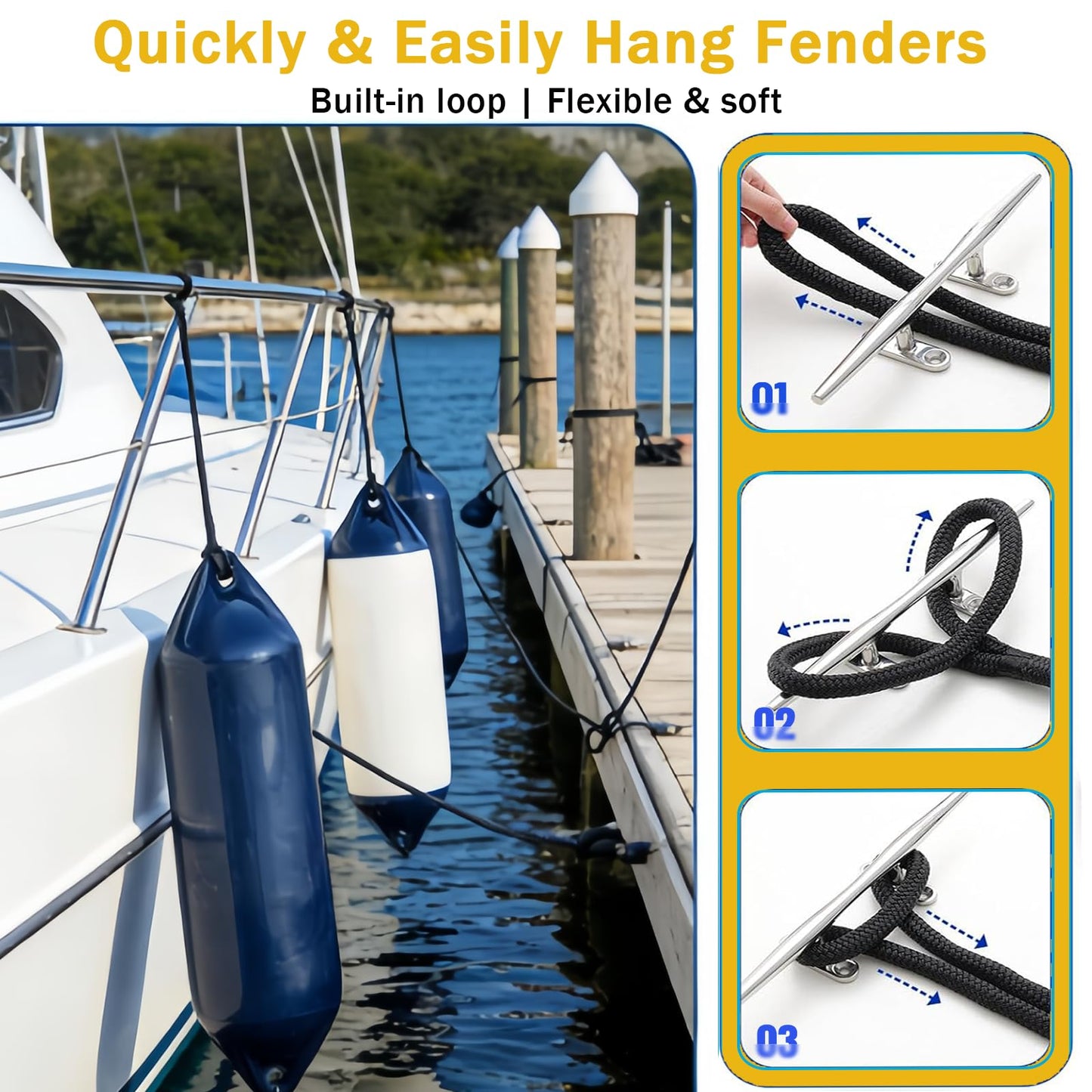 2 Pack 3/8'' x 6' Boat Fender Lines for Mooring, Docking Ties & Small Boat,Premium Marine- Grade Double Braided Nylon Boat Rope with a 5" Eyelet,Anti-Wear & Weather-Resistant-Black