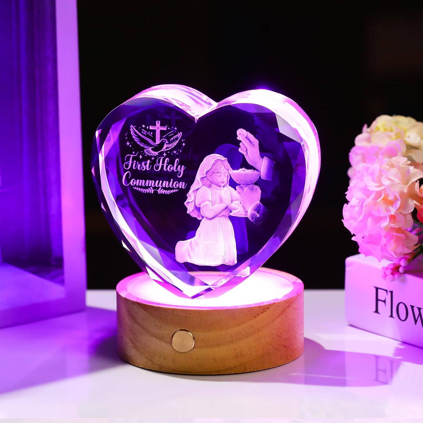 Arikyrist 3D Crystal First Holy Communion Gifts for Girls Women Crystal Heart Laser Engraving Communion Baptism Statue with Wooden Light Base Glass Religious Catholic Christian Decor
