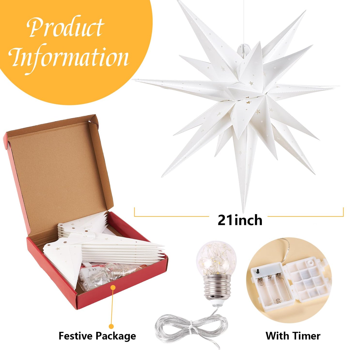 21 Inches White Large Moravian Stars Lights Warm White Hanging Outdoor Christmas Light LED Hanging Star Lights 3D Christmas Tree Topper Star for Holiday Wedding Porch Decor