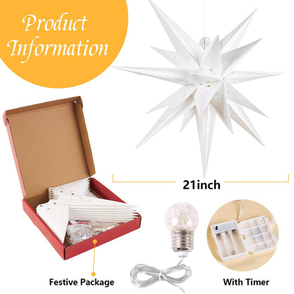 21 Inches White Large Moravian Stars Lights Warm White Hanging Outdoor Christmas Light LED Hanging Star Lights 3D Christmas Tree Topper Star for Holiday Wedding Porch Decor