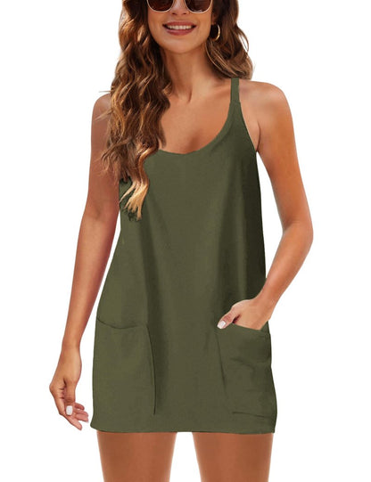 Faleave Women's Summer Sleeveless Mini Dress Athletic Dress Spaghetti Strap Short Tennis Dress with Pockets(ArmyGreen-XS)