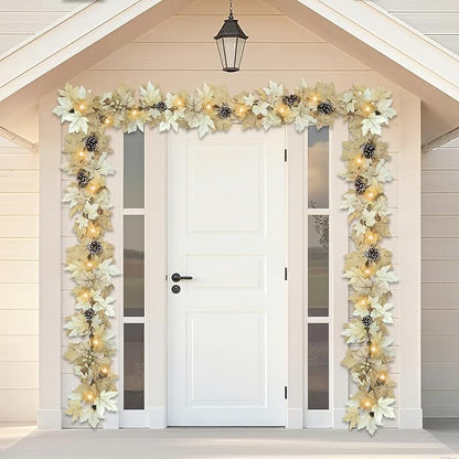 6 FT Realistic Fall Garland with Lights Timer Function Fall Leaves Maple Garland with Berries Pine Cones Autumn Automatic Fall Decorations for Home Mantle Fireplace Porch Table Decor