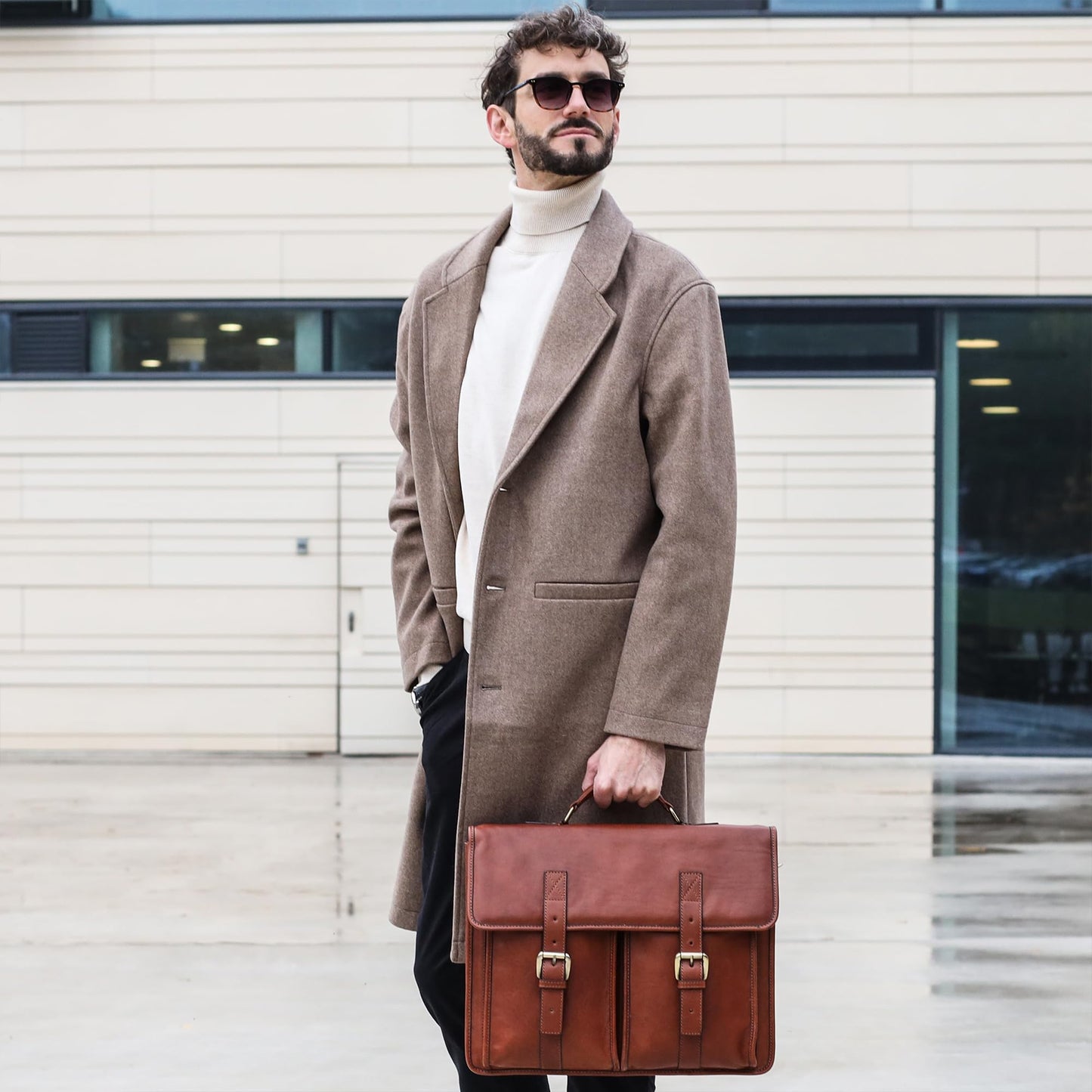 Time Resistance Leather Briefcase for Men - Handcrafted in Italy Full Grain Messenger Bag - Laptop Bag (Cognac Brown)