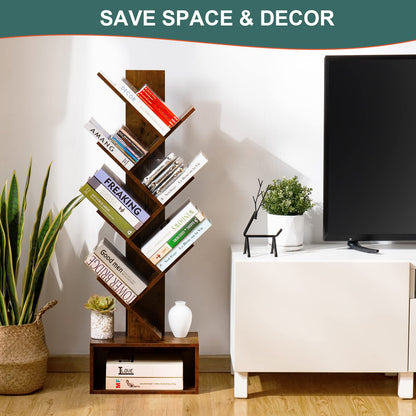 Yoobure Tree Bookshelf - 6 Shelf Retro Floor Standing Bookcase, Tall Wood Book Storage Rack for CDs/Movies/Books, Utility Book Organizer Shelves for Bedroom, Living Room, Home Office, Rustic Brown
